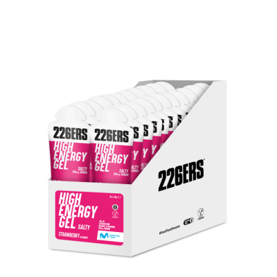 BOX HIGH ENERGY GEL SALTY STRAWBERRY 226ers - skondensowany żel o wysokiej zawartości węglowodanów, o smaku słonej truskawki, z sodem, 76g. (24 sztuki